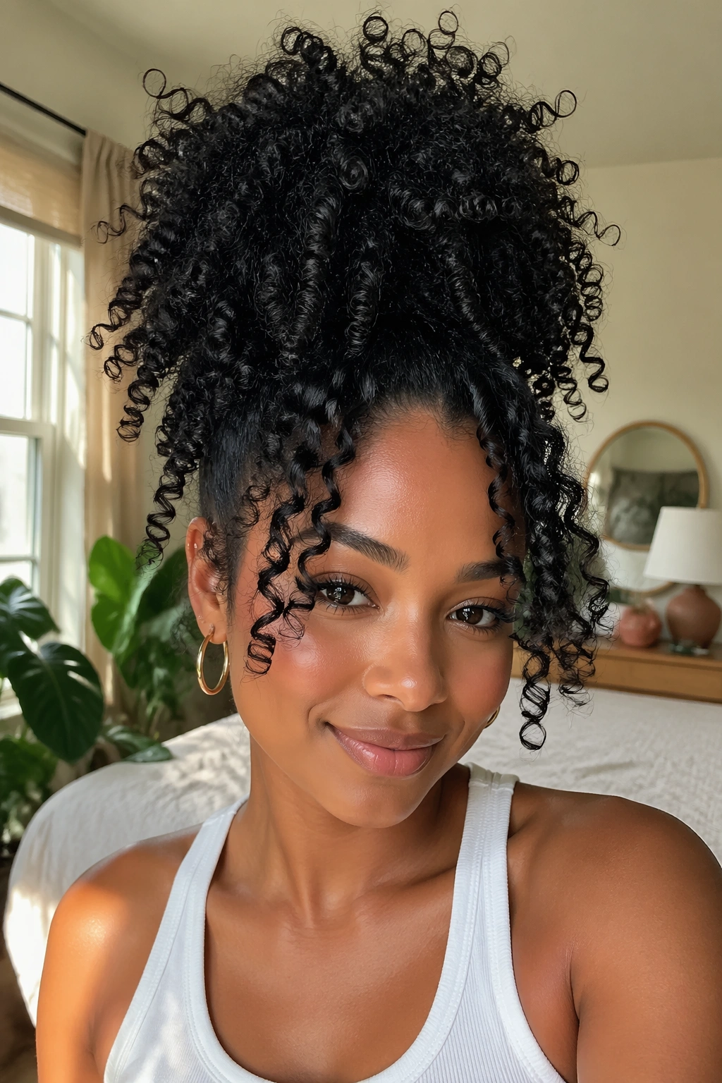 Close-up of a real Black woman's pineapple puff hairstyle in a sunlit bedroom
