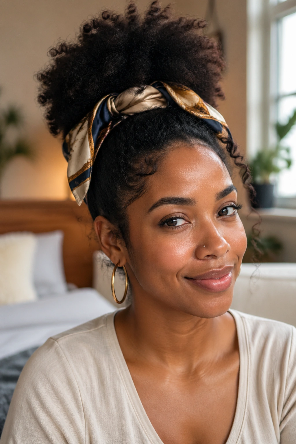 Close-up of a real woman with a loose pineapple puff hairstyle