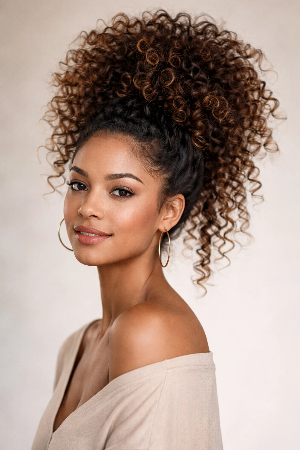Close-up of a high pineapple puff on long curly hair with curls spilling outward