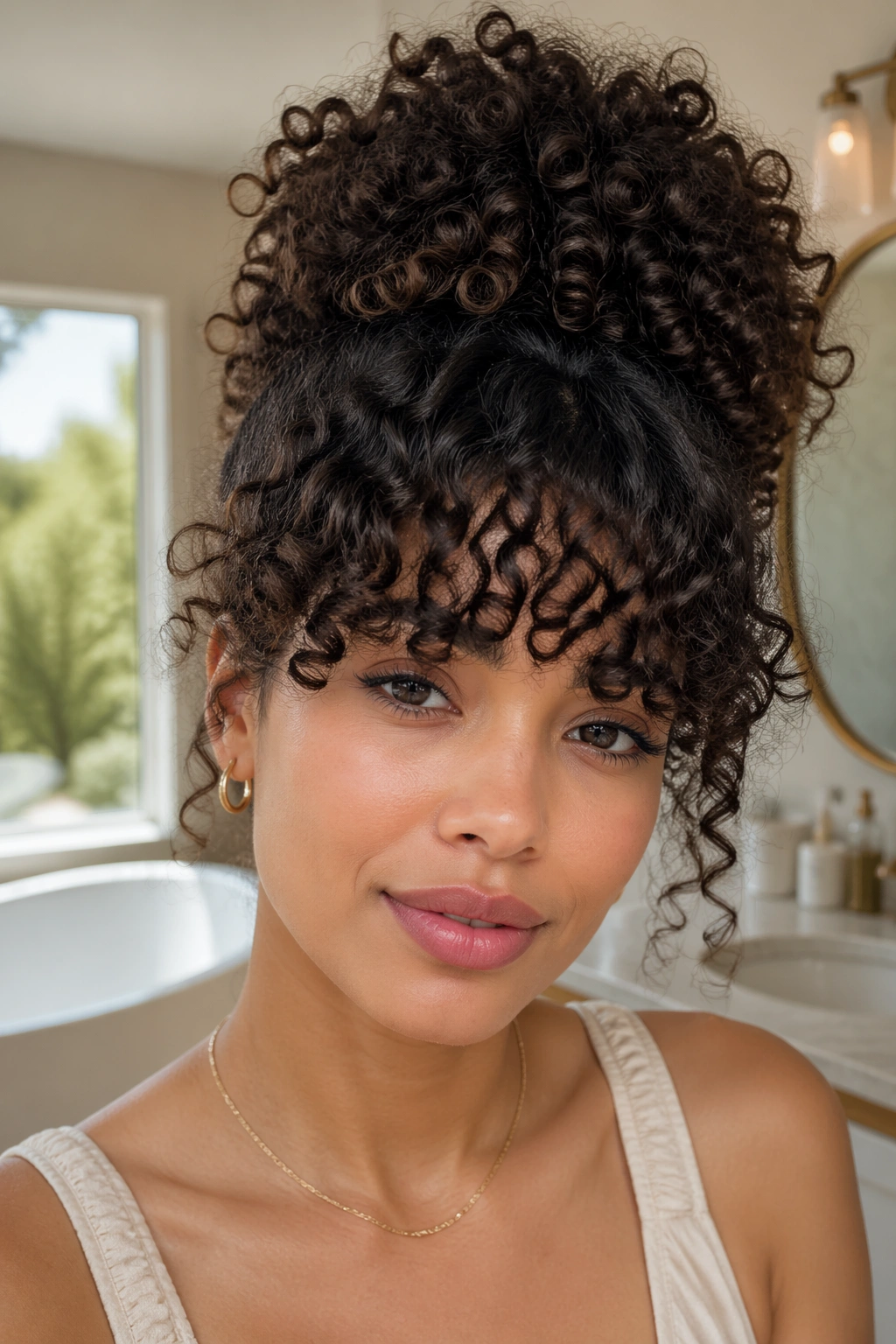 Close-up of a real woman with a pineapple puff and rounded fringe