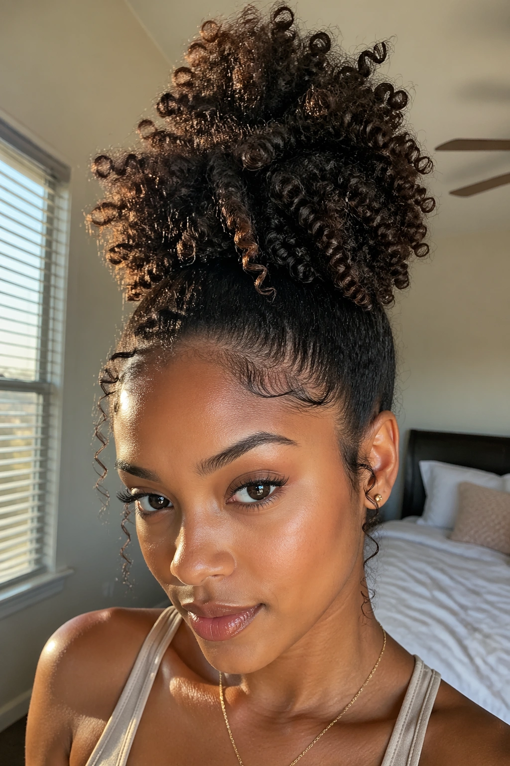 Close-up of pineapple puff topknot on a real woman with voluminous crown