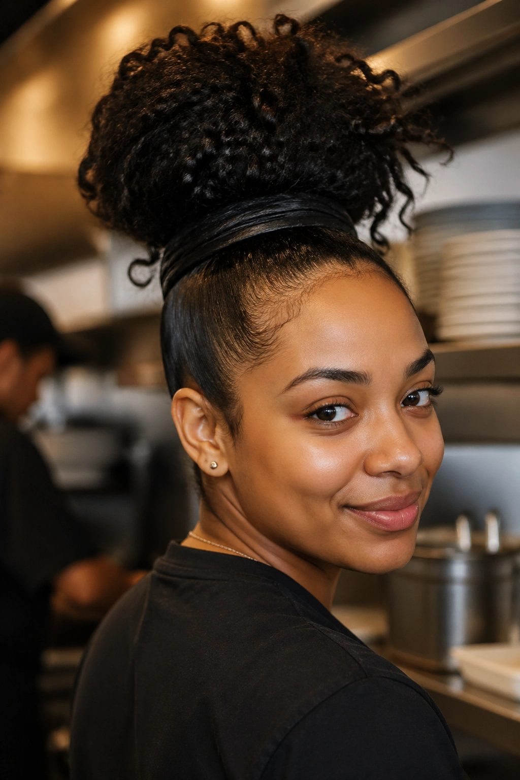 Close-up of a real person with a high pineapple puff and wrapped base in warm kitchen lighting