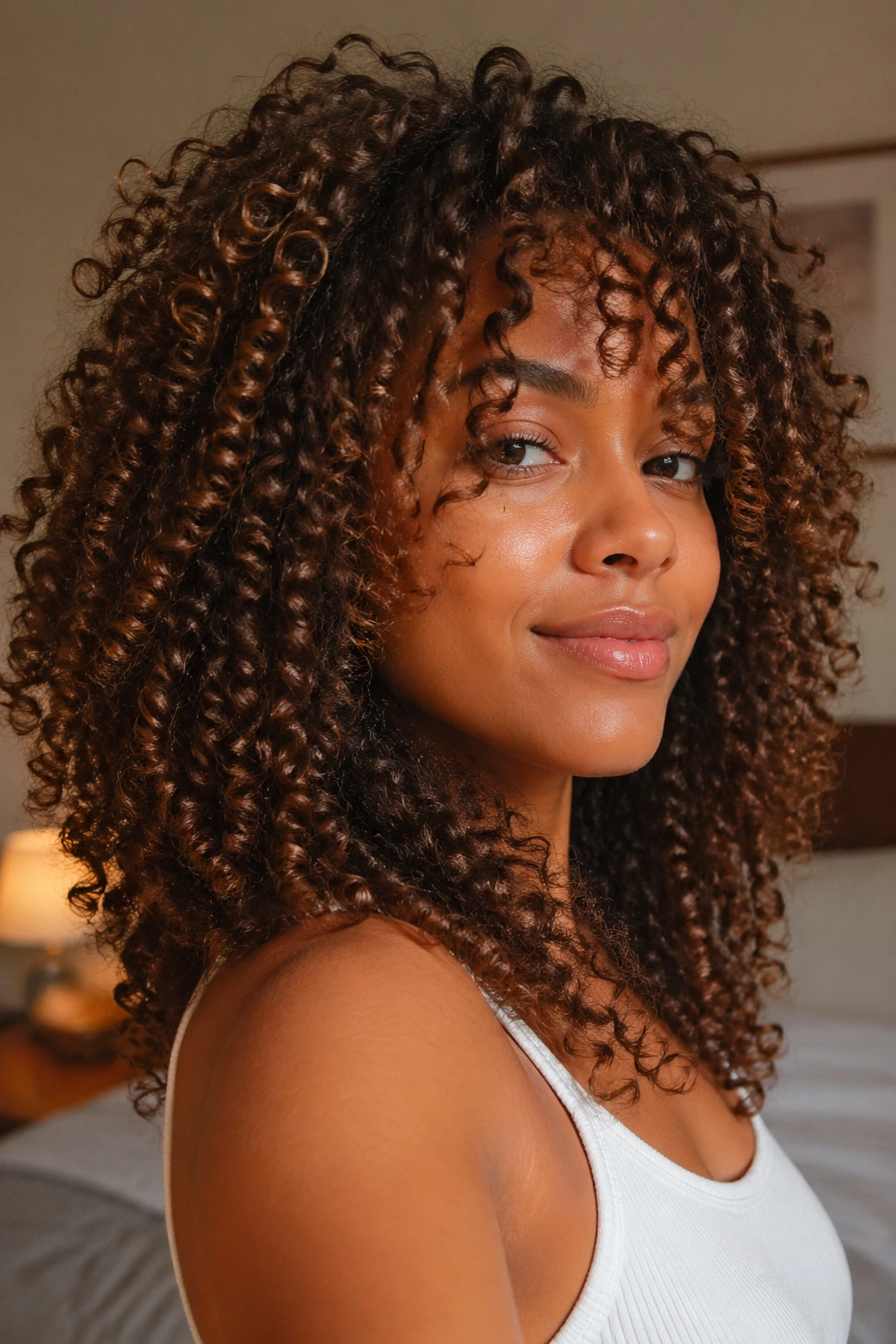 Close-up of a real person with curls released from a pineapple, hair cascading around the face