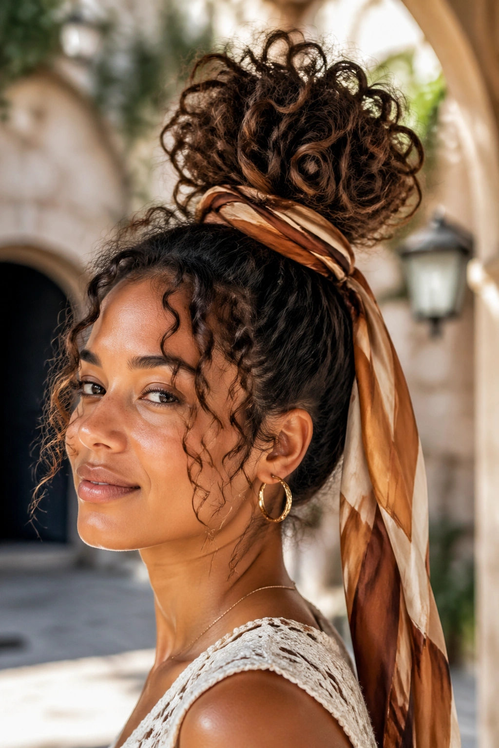 Close-up of real woman with pineapple updo and ribbon