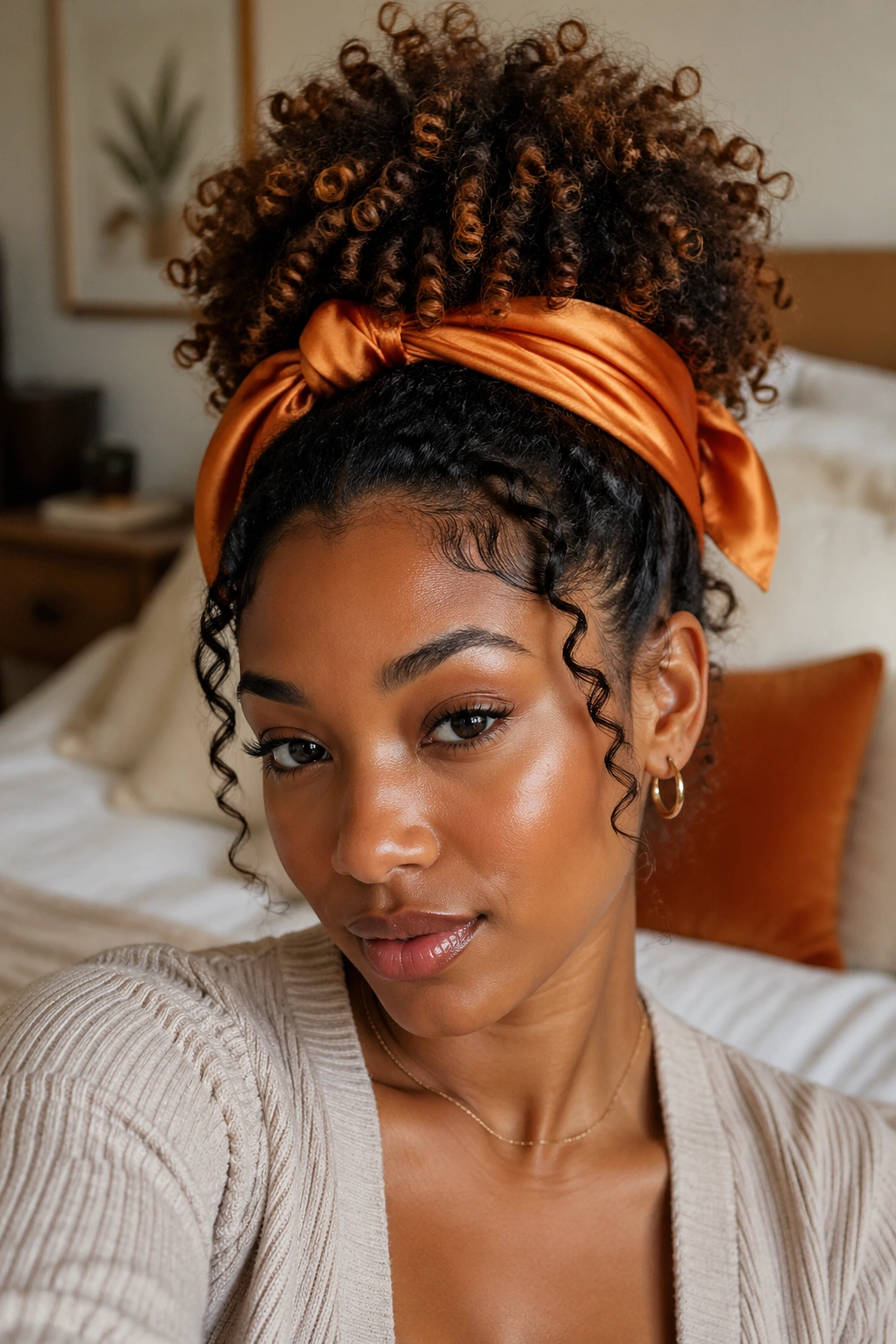 Pineapple updo with satin scarf on real person