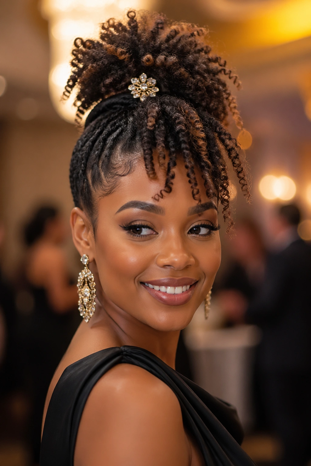 Close-up of a real woman with a pineapple twist crown and forward-fanning curl cluster