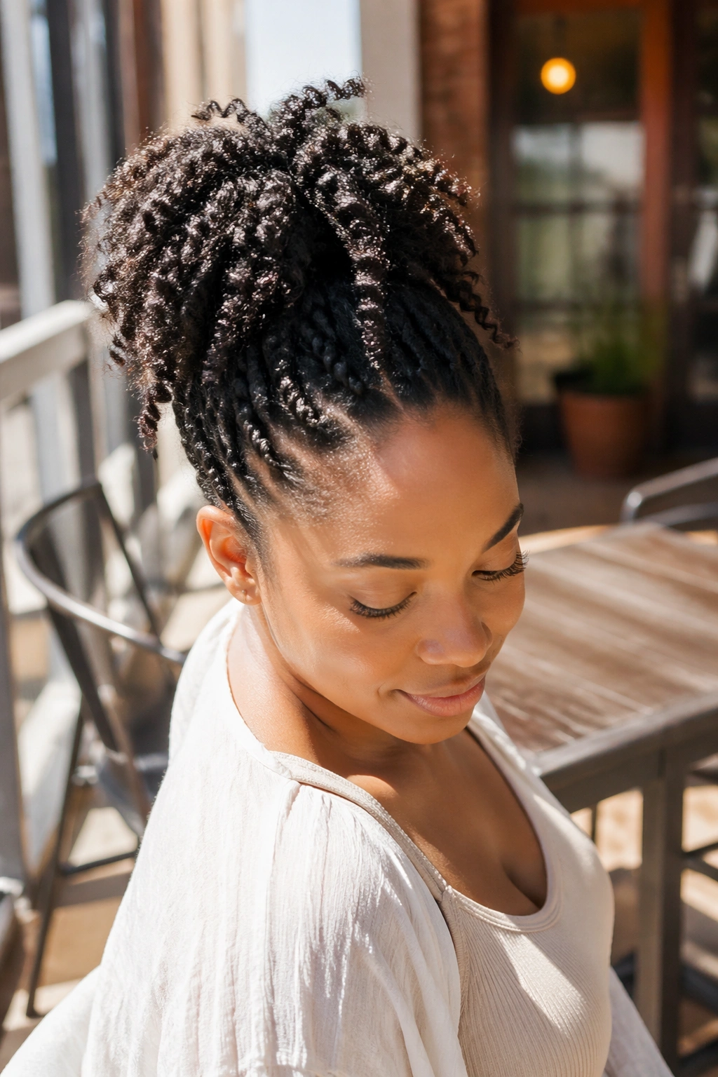 High-top pineapple twist ponytail on a real woman in a sunlit outdoor setting