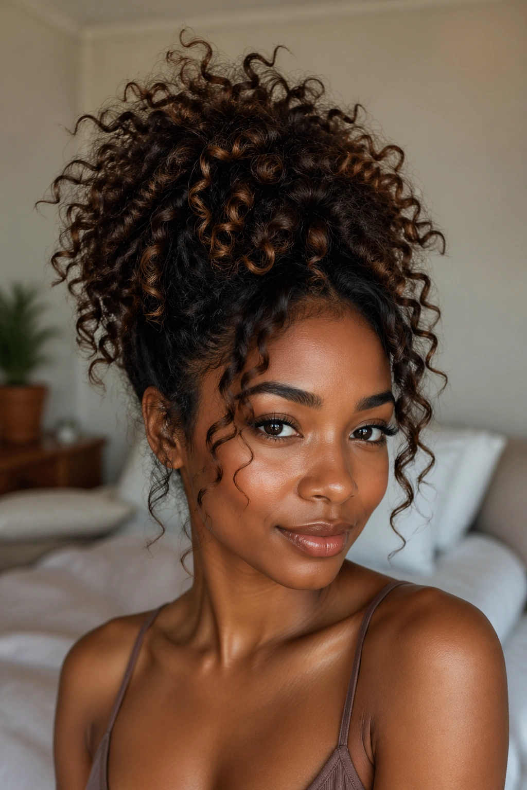Real woman with a tall pineapple updo on medium-length Afro hair.