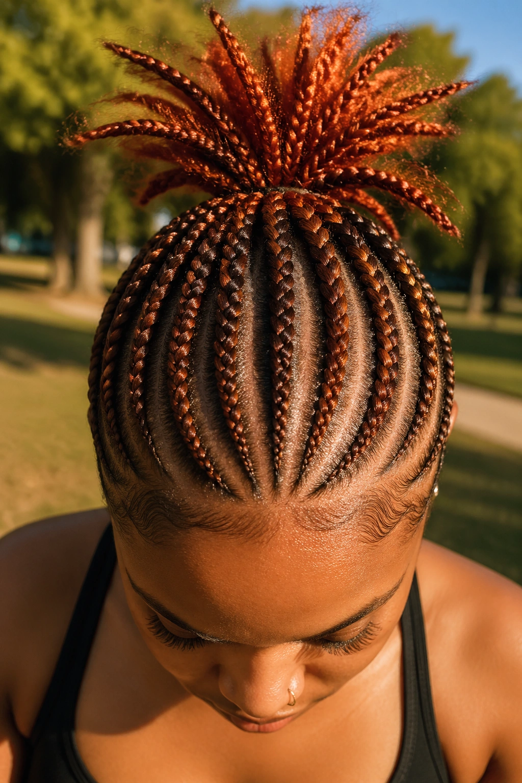 Close-up of auburn pineapple updo with high crown and fanned ends on real person.