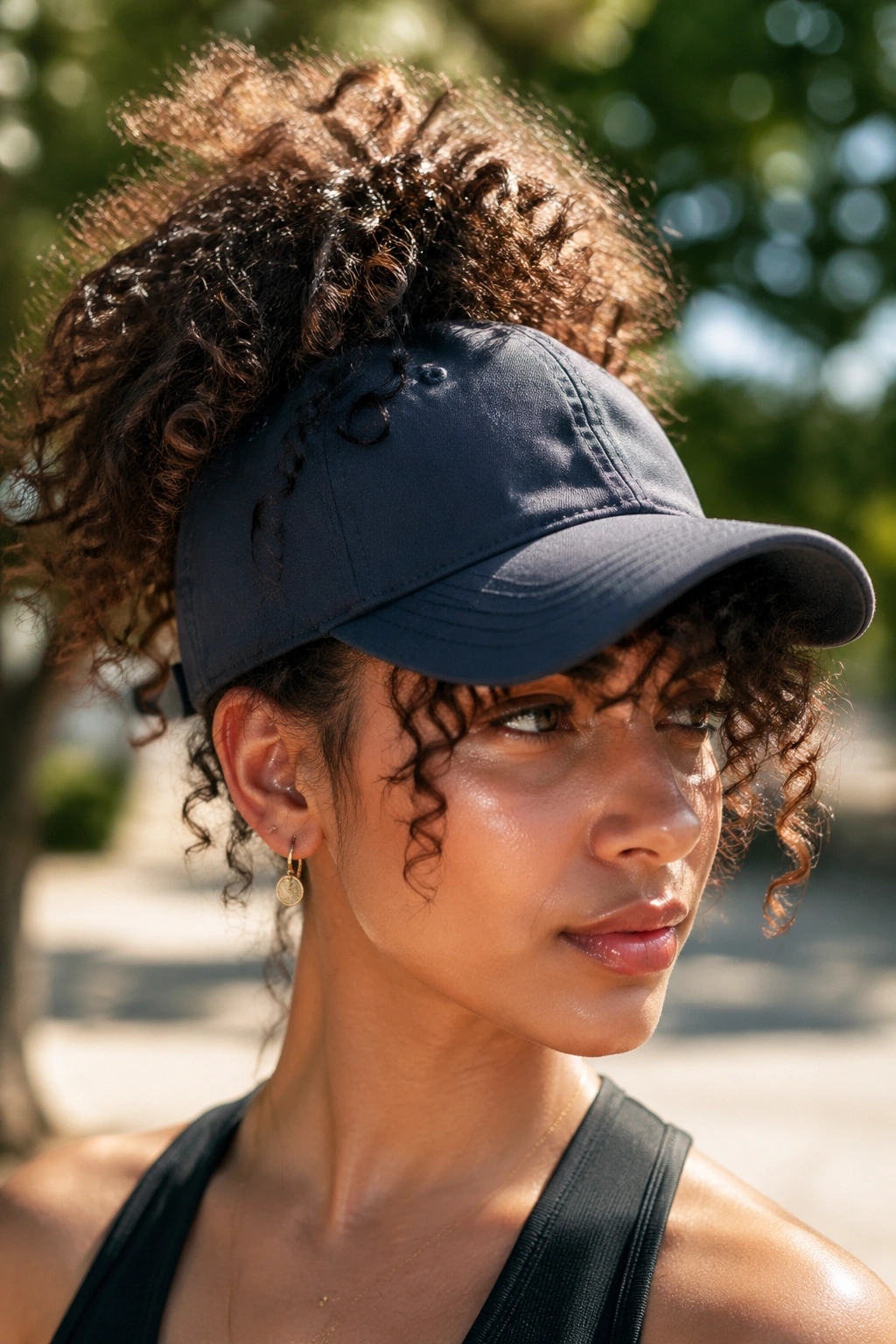 Close-up of a real person with a pineapple updo peeking from behind a cap in sunlight.