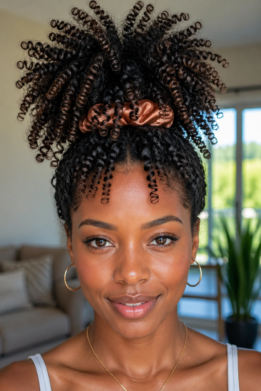 Pineapple updo with coils on a real person in bright room
