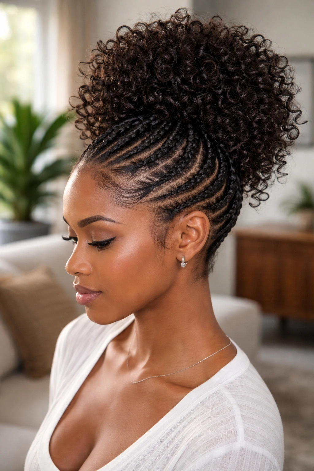 Real person with pineapple updo and exposed cornrow sides