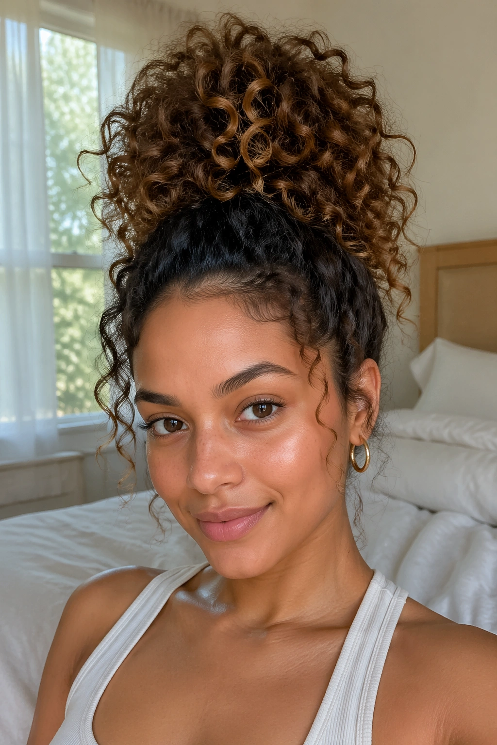Portrait of person with high pineapple updo.