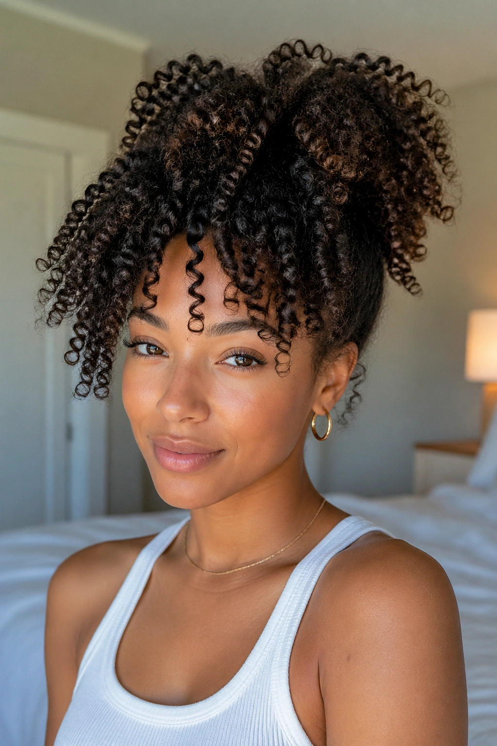Close-up portrait of a real woman with a pineapple updo and curls spilling forward