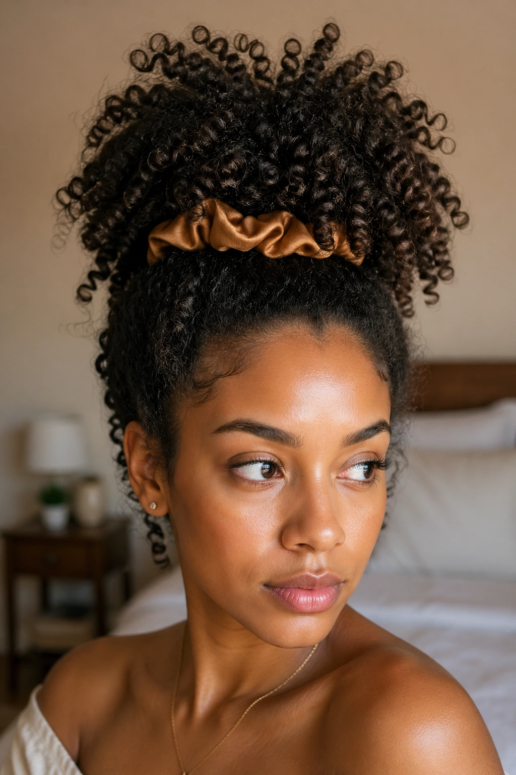 Portrait of person with high pineapple updo