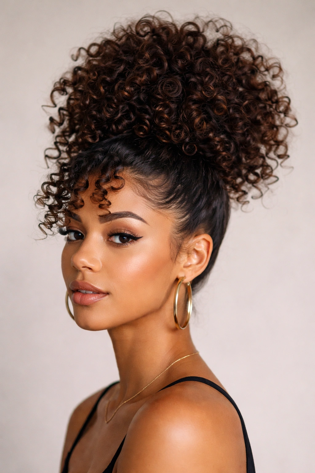 Top-of-head pineapple updo with curls cascading forward