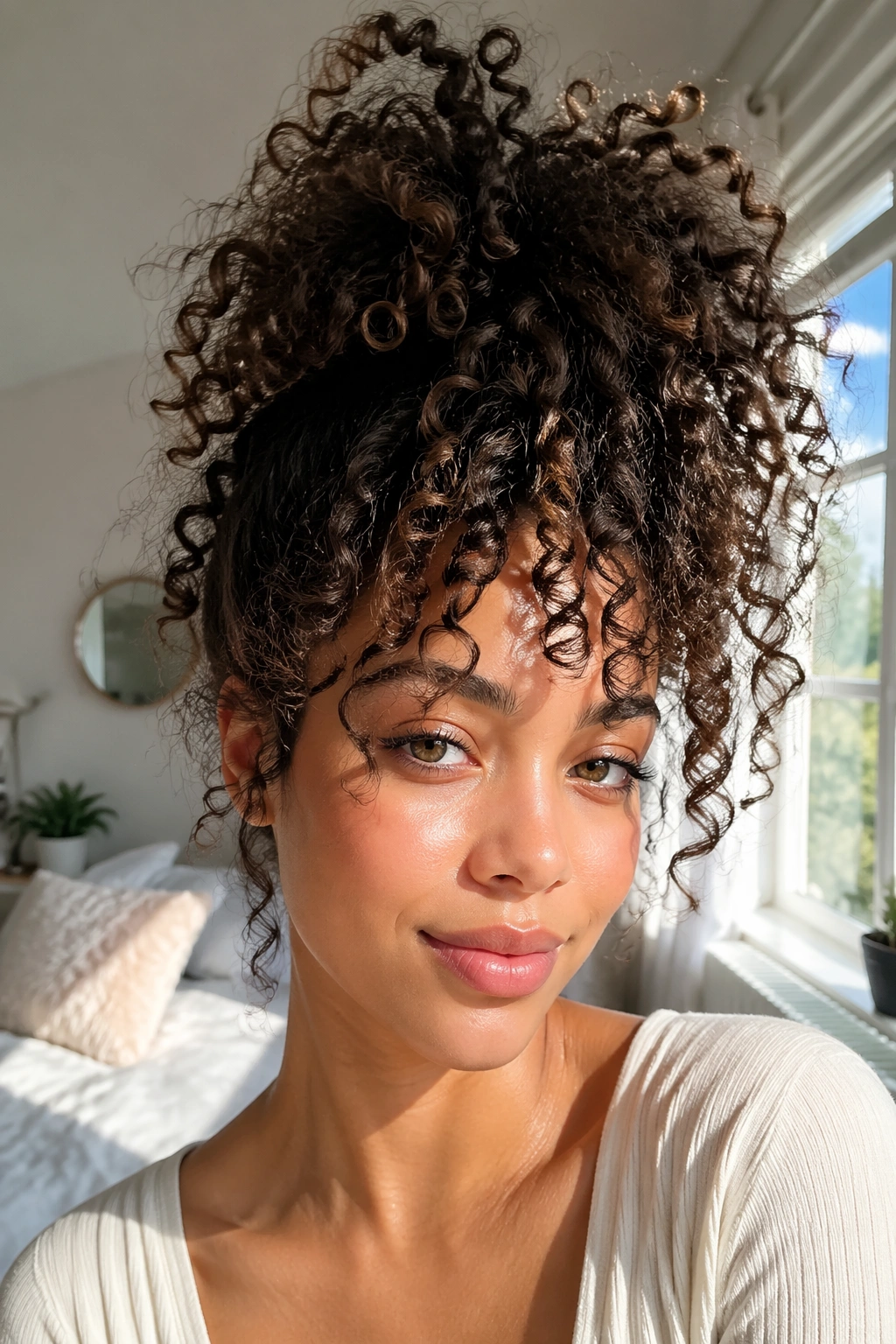 Close-up of a person with a pineapple updo and curls spilling forward