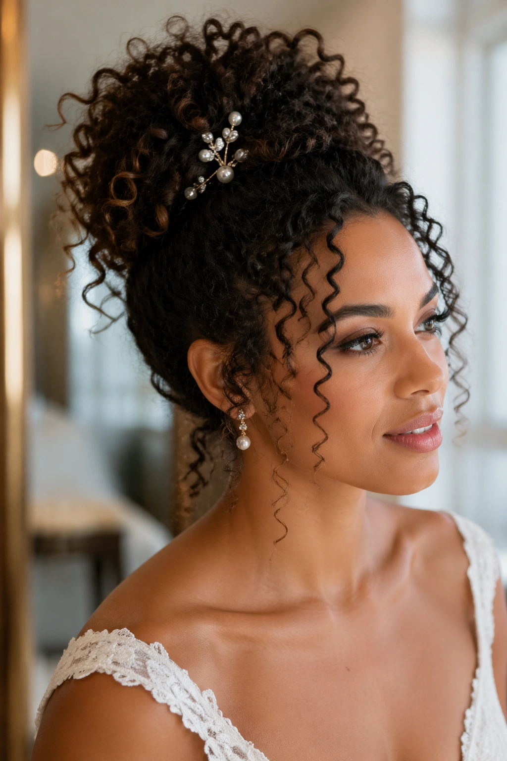 Close-up of a real bride with a pineapple updo and bridal pins in soft window light