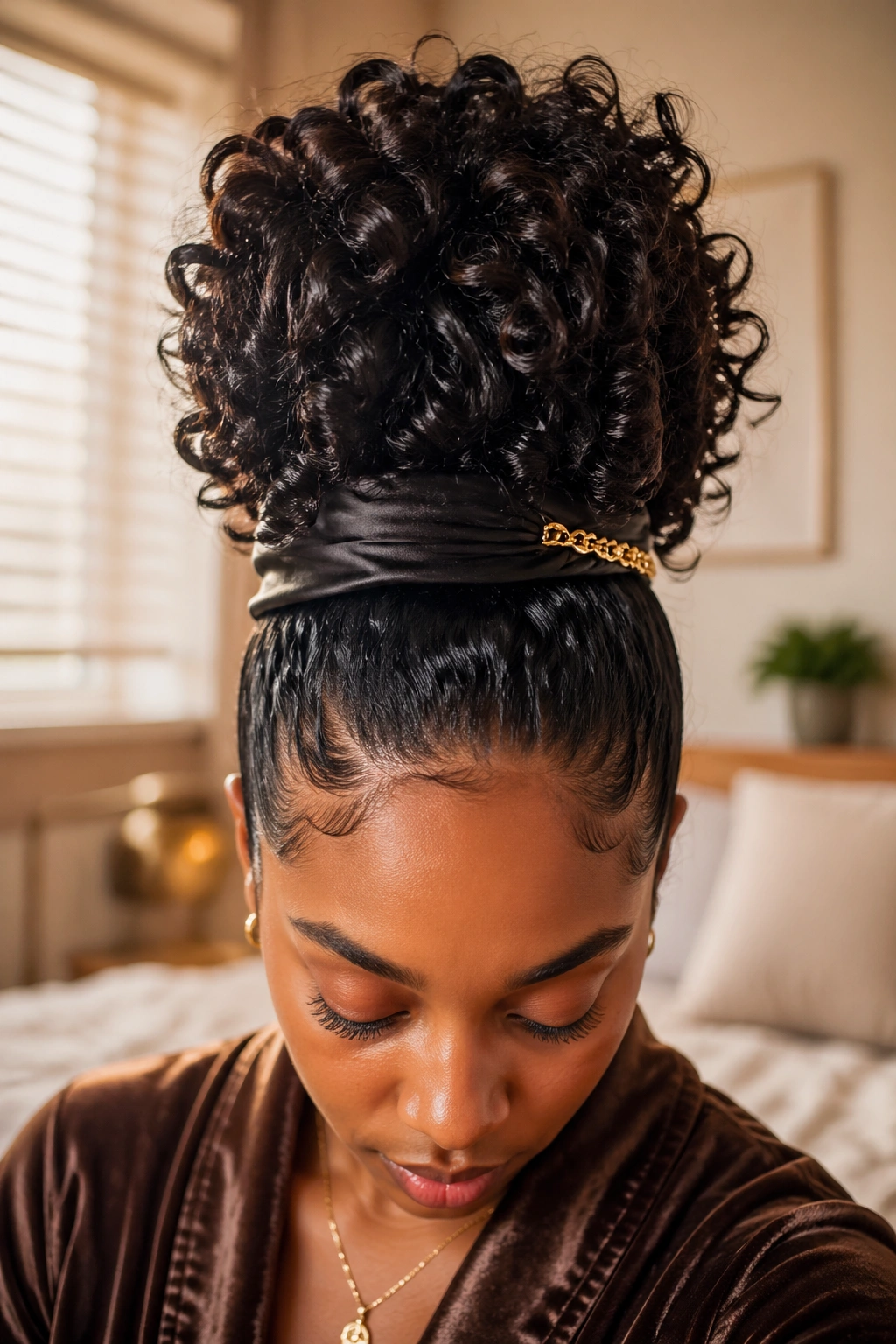 Close-up of a woman with a high elevated pineapple updo