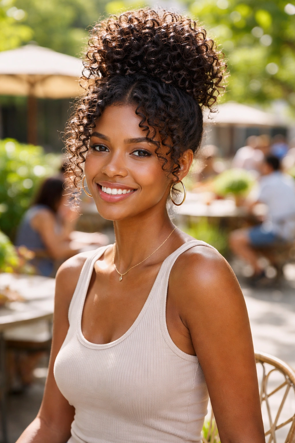 Outdoor shot of pineapple updo with soft front coils in sunlight