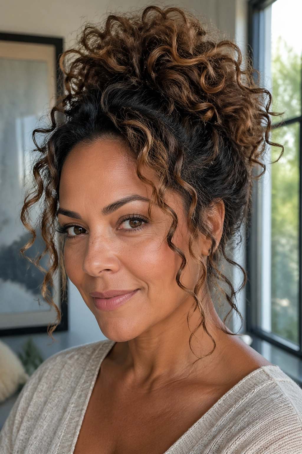 Close-up of a real woman with a pineapple updo and face-framing curls, in bright natural light.