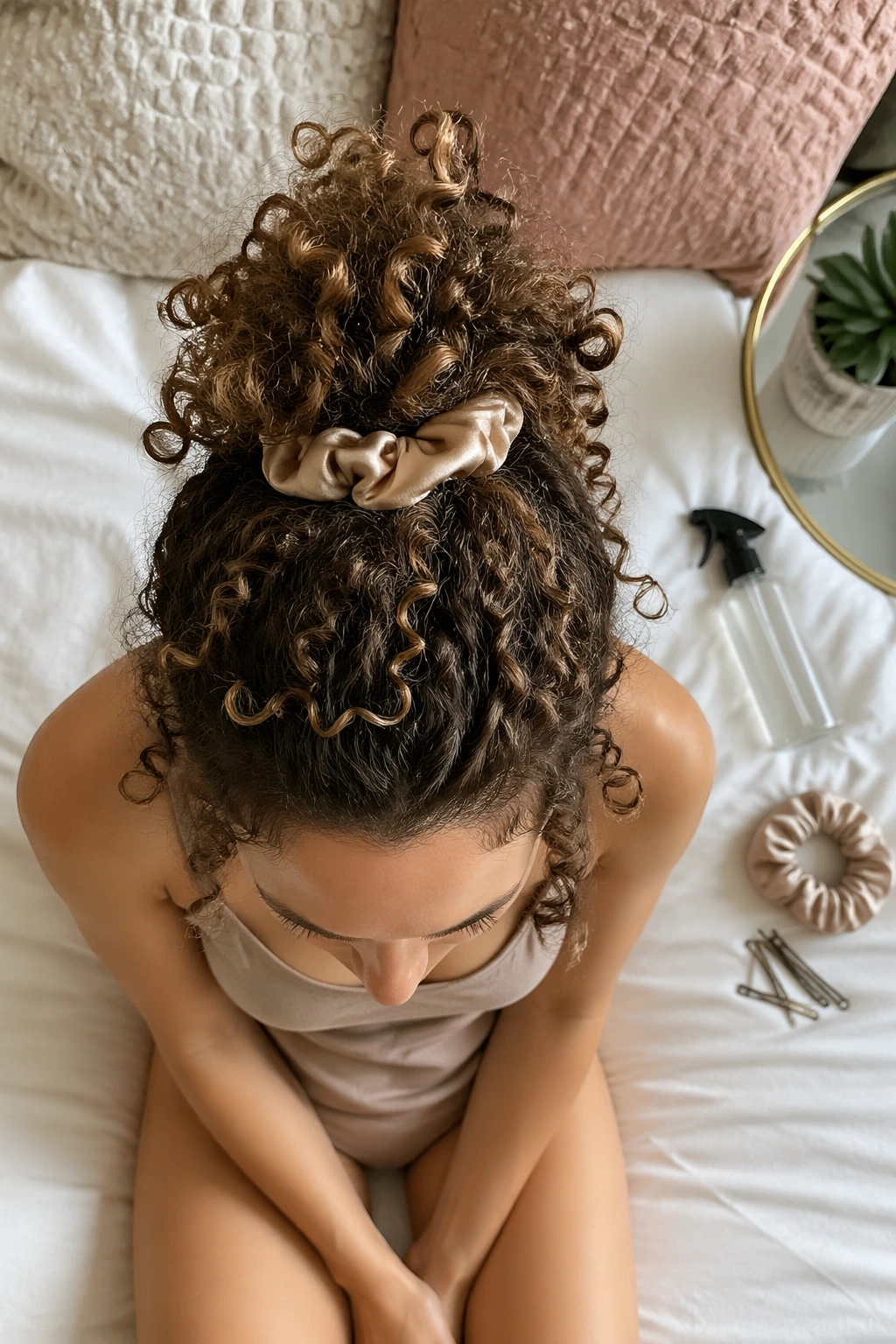 Overhead flat-lay of pineapple updo and accessories.