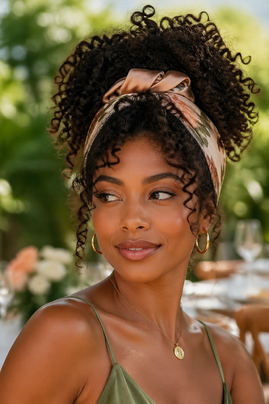 Close-up of a real woman with a pineapple updo in garden party lighting