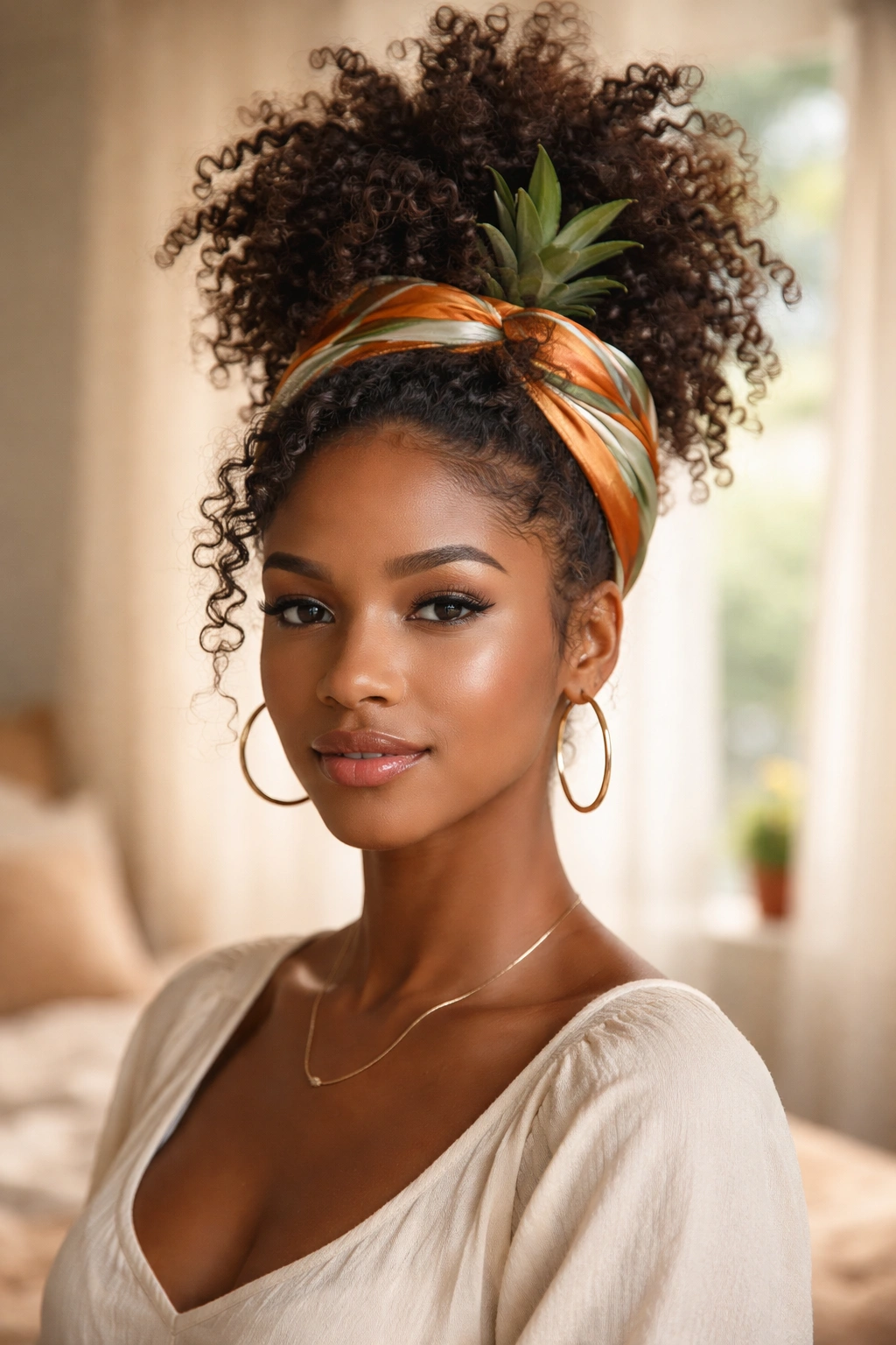 Real woman with a pineapple updo and silk scarf.