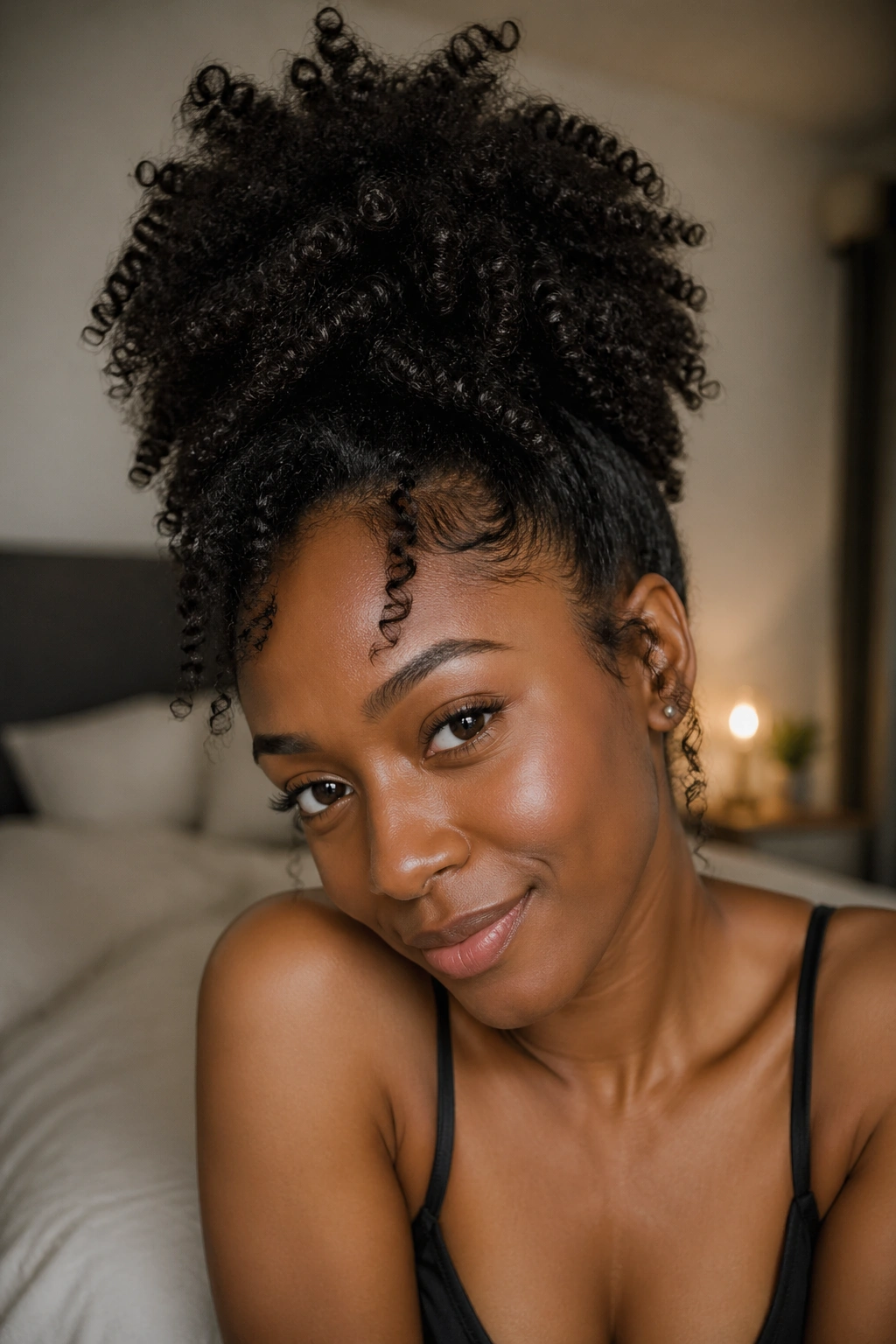 Close-up portrait of a real Black woman with a high pineapple updo and natural 4C hair in window light