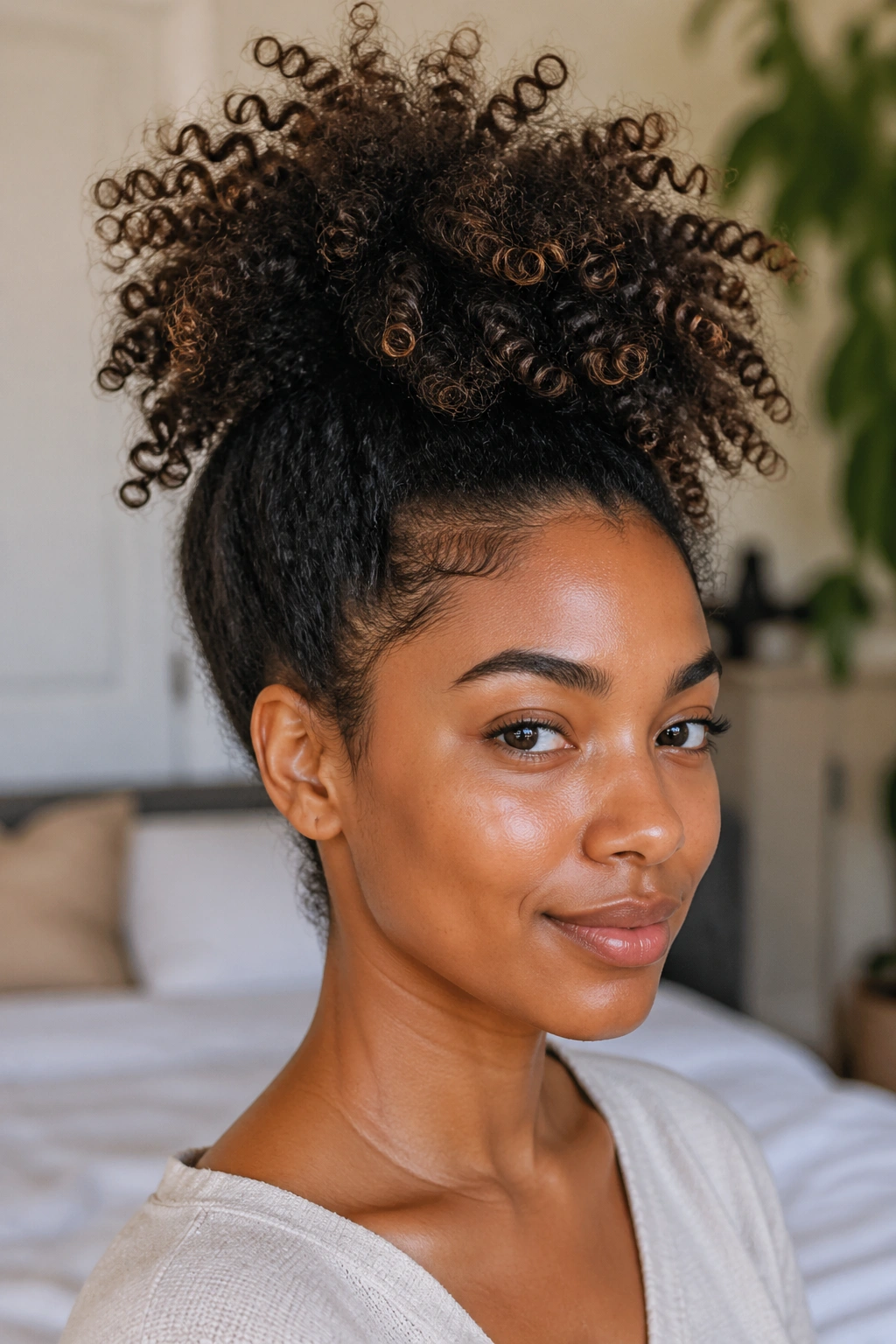 Close-up of a real woman with a loose pineapple top on natural hair