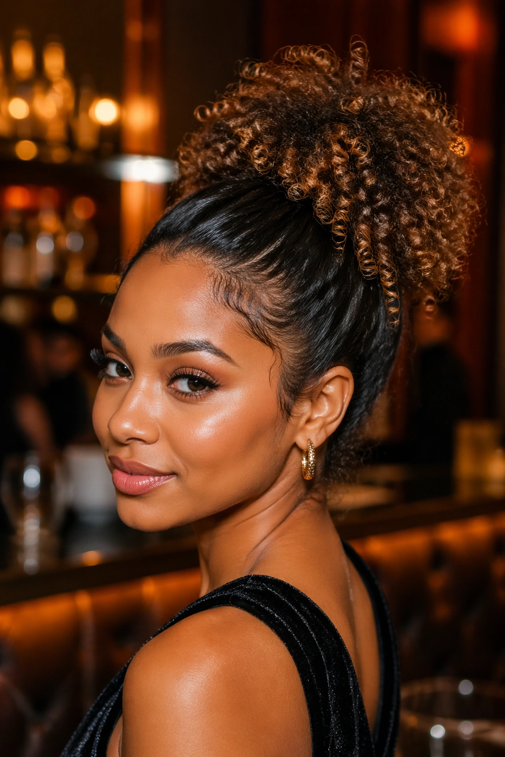 Portrait of a woman in pineapple updo with polished front at a cocktail party.
