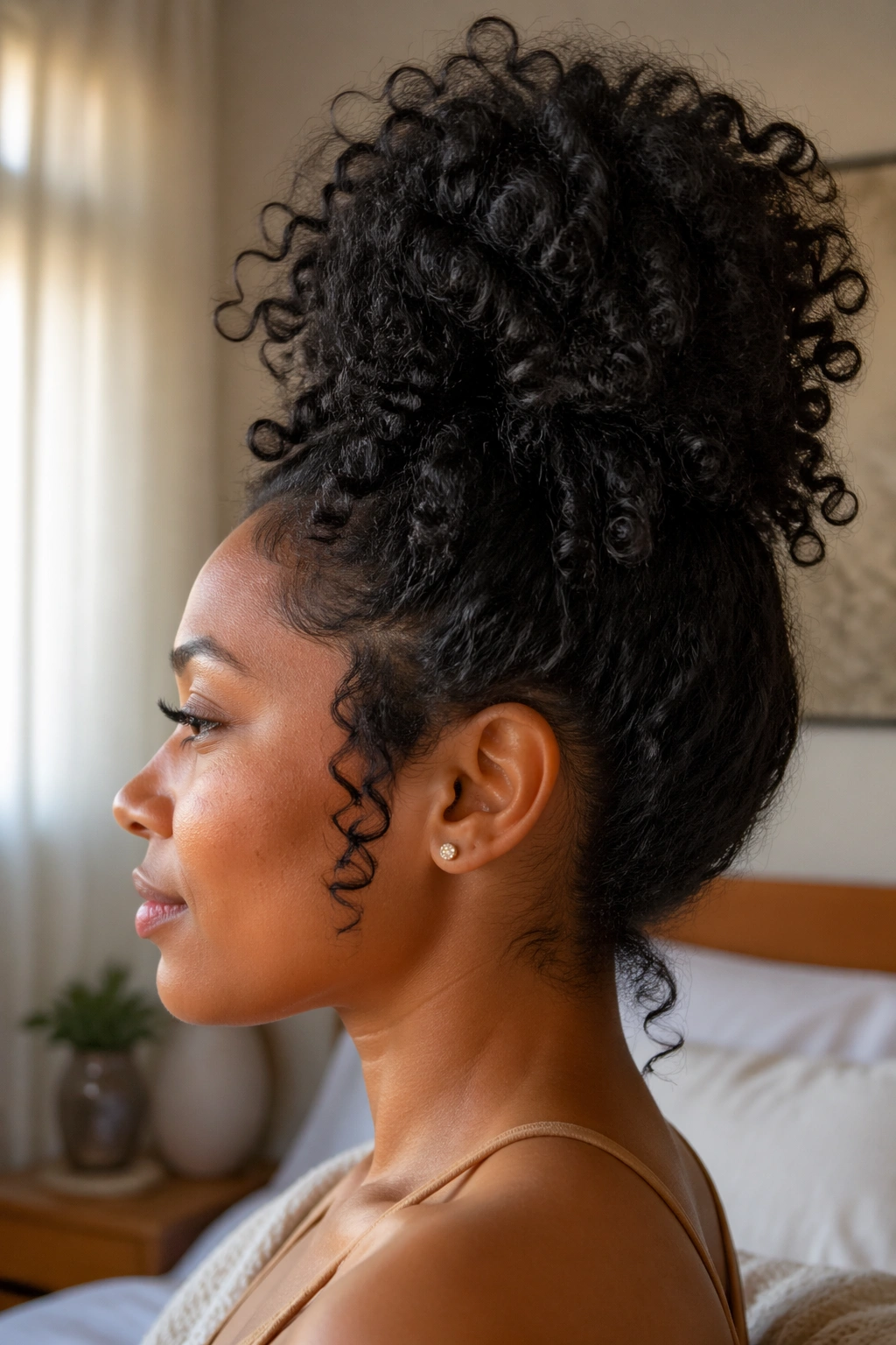 Side-profile close-up of a real Black woman with a high pineapple updo