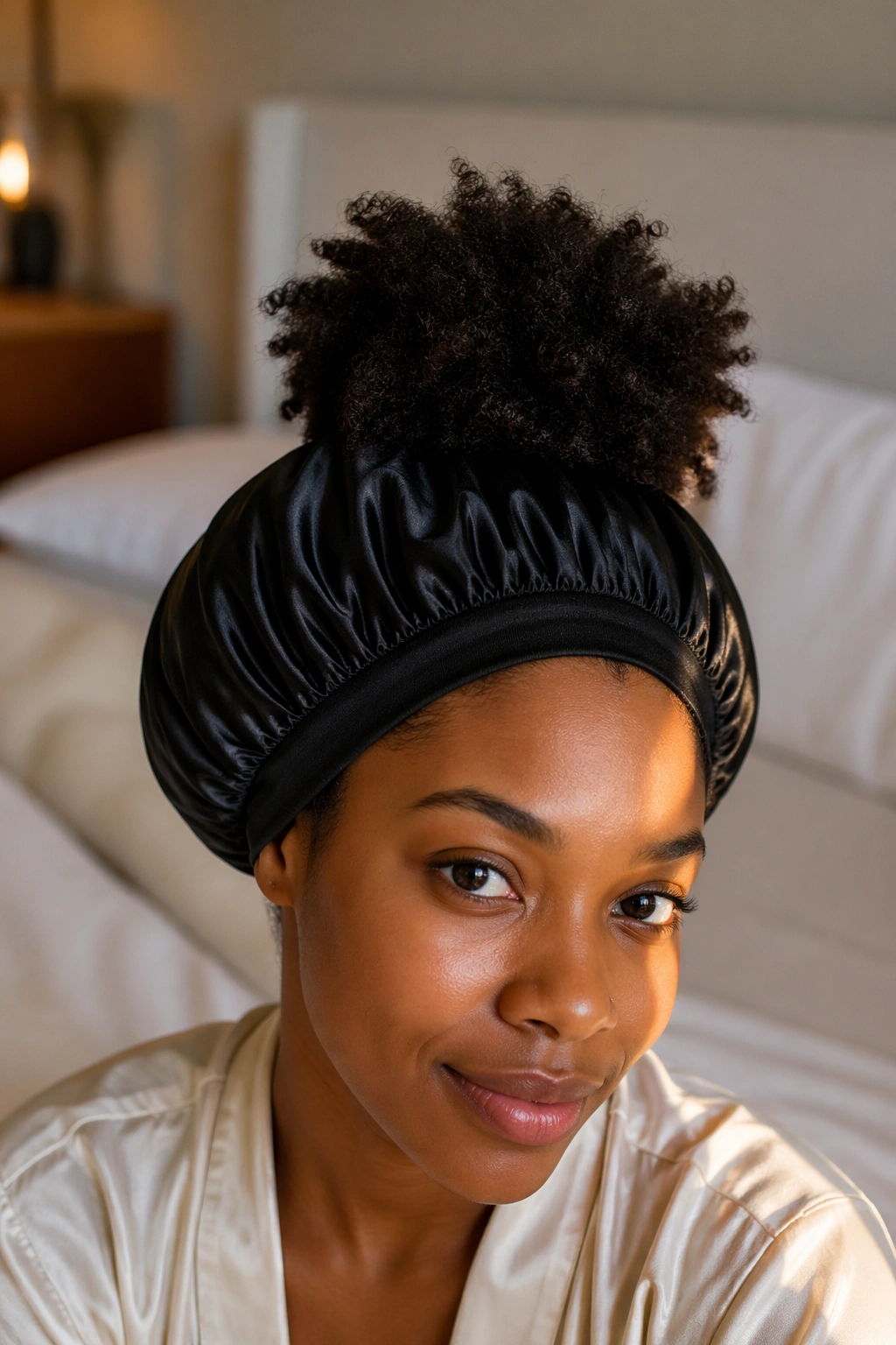 Portrait of a person wearing a satin bonnet with pineapple silhouette peeking under it.