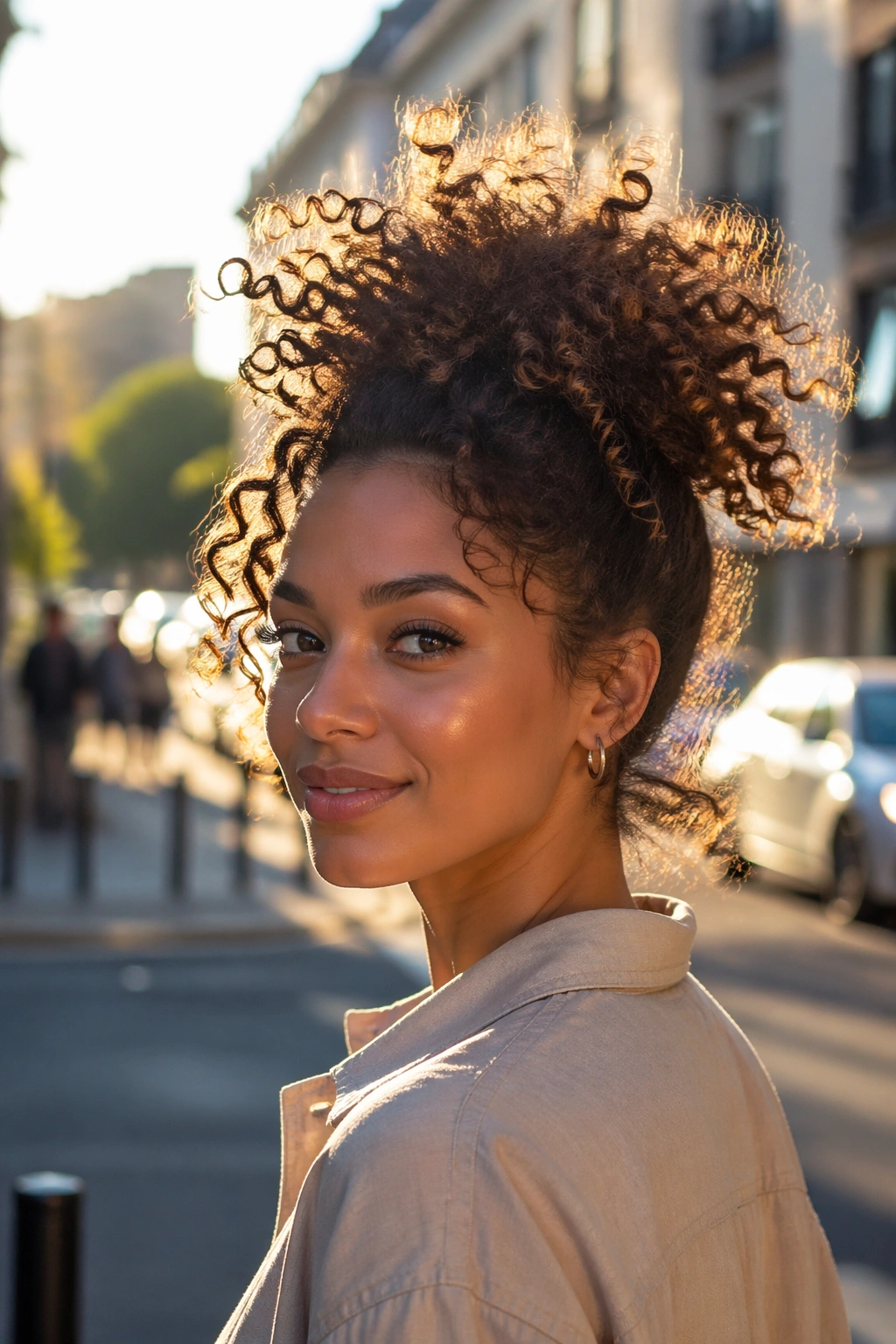 Pineapple updo with volume on a sunlit street