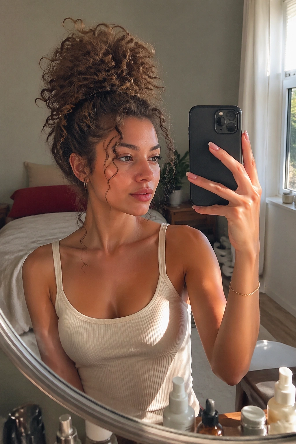 Pineapple updo with soft tendrils mirror selfie