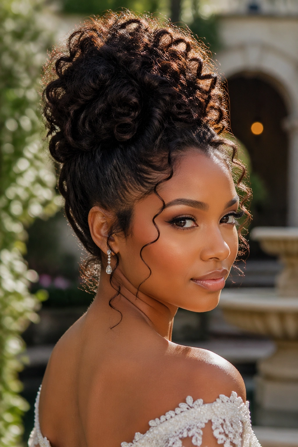 Close-up portrait of a real woman with pineapple updo and soft tendrils