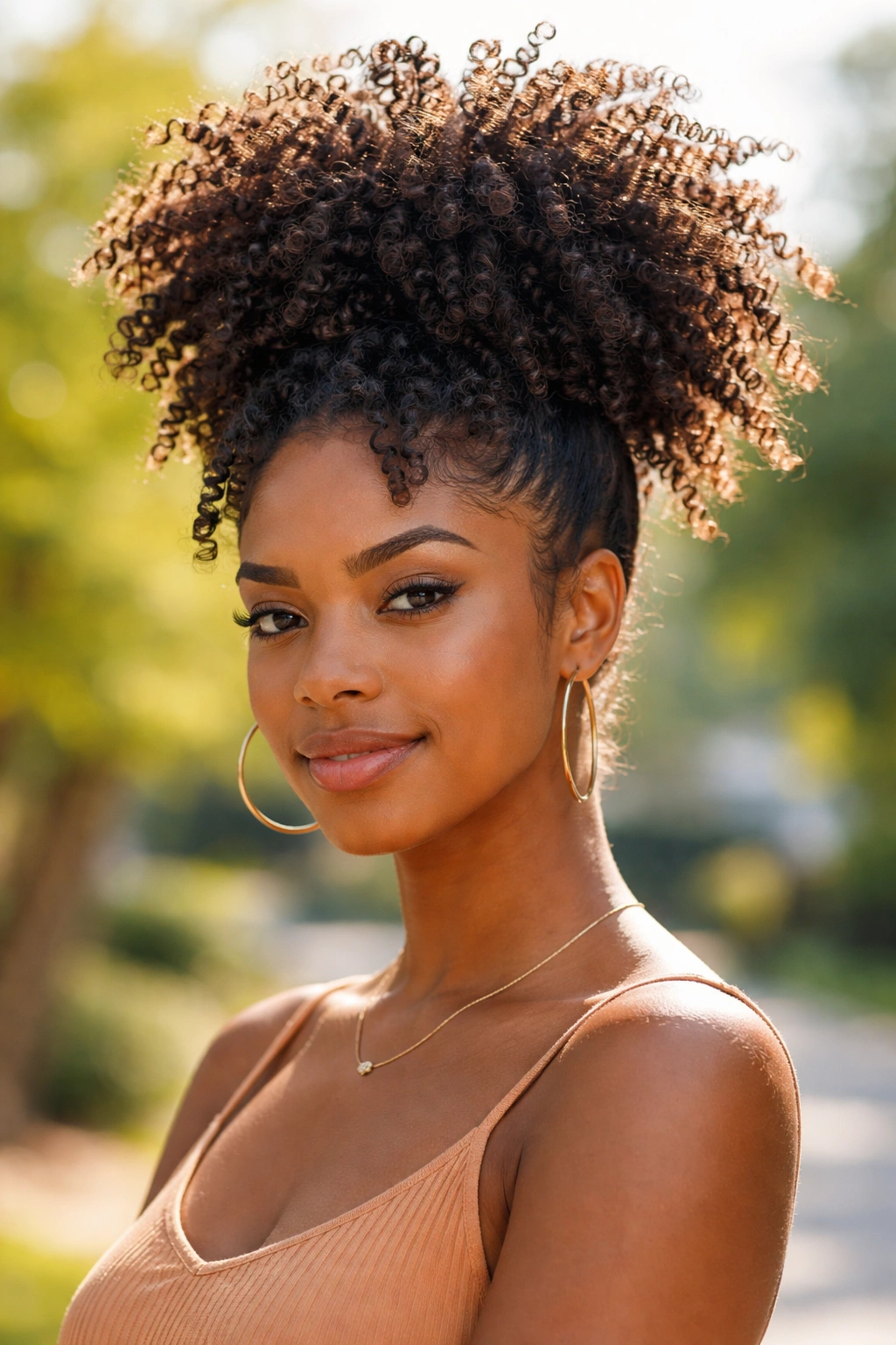 Person with a high pineapple updo of loose curls
