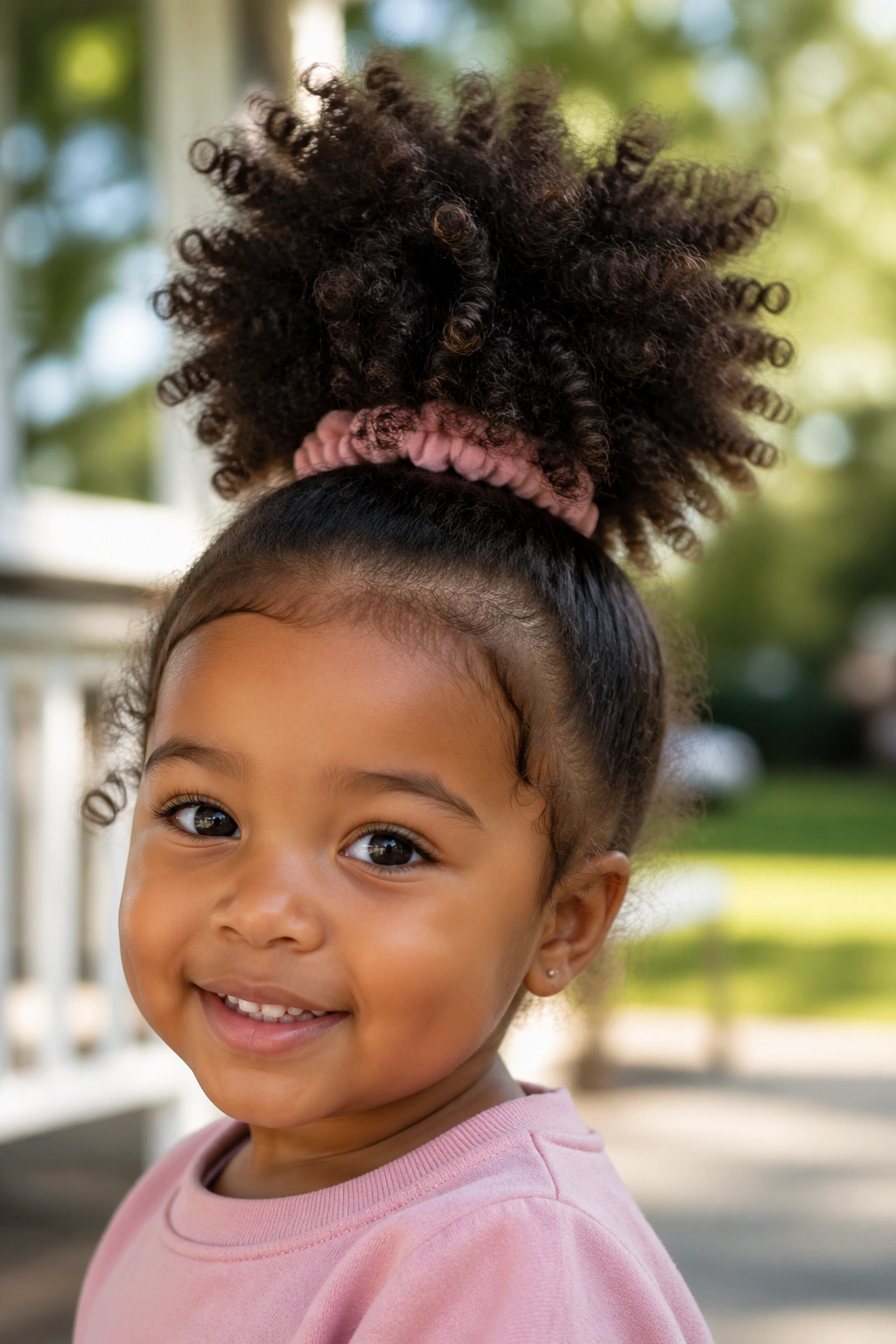 Toddler with a pineapple updo hairstyle in natural light