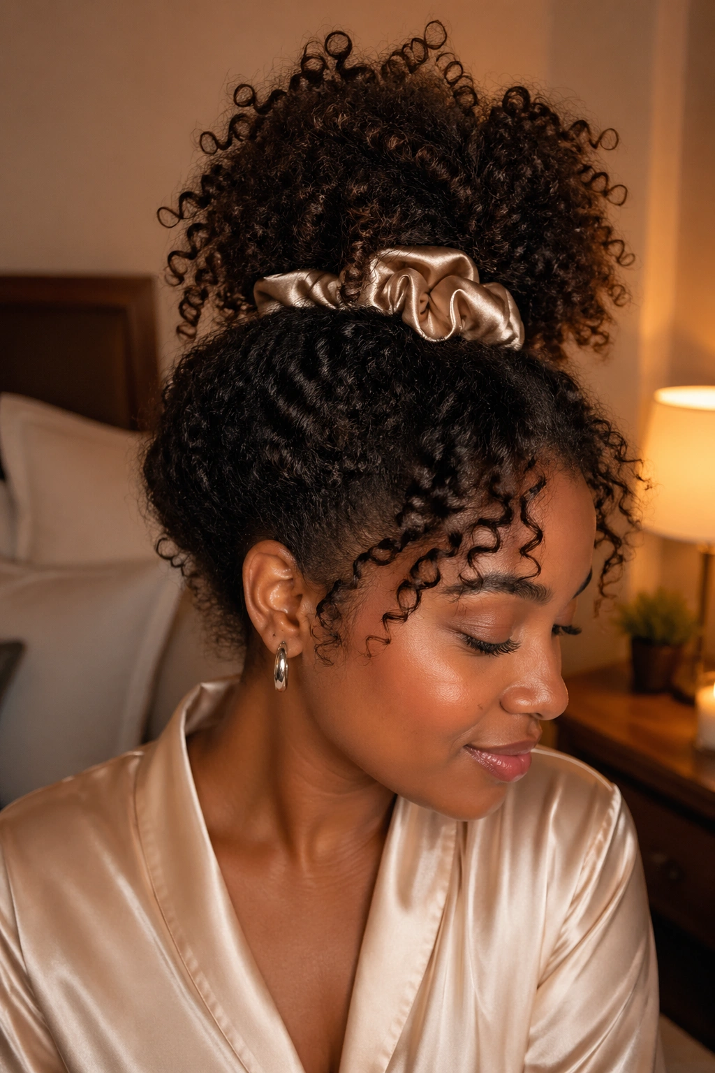 Pineapple hairstyle at crown with satin scrunchie