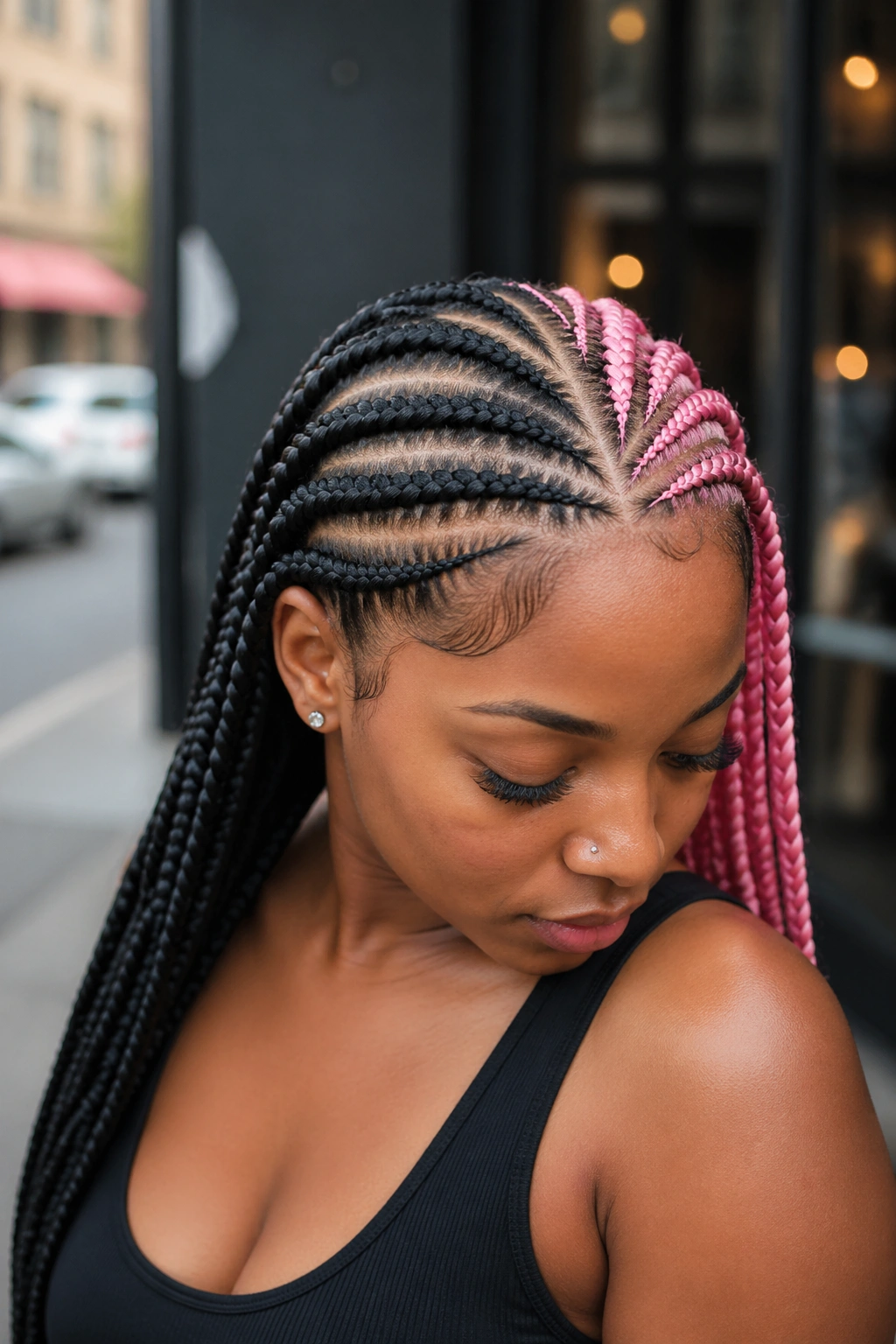 Close-up of a real woman with color-blocked pink and black cornrows