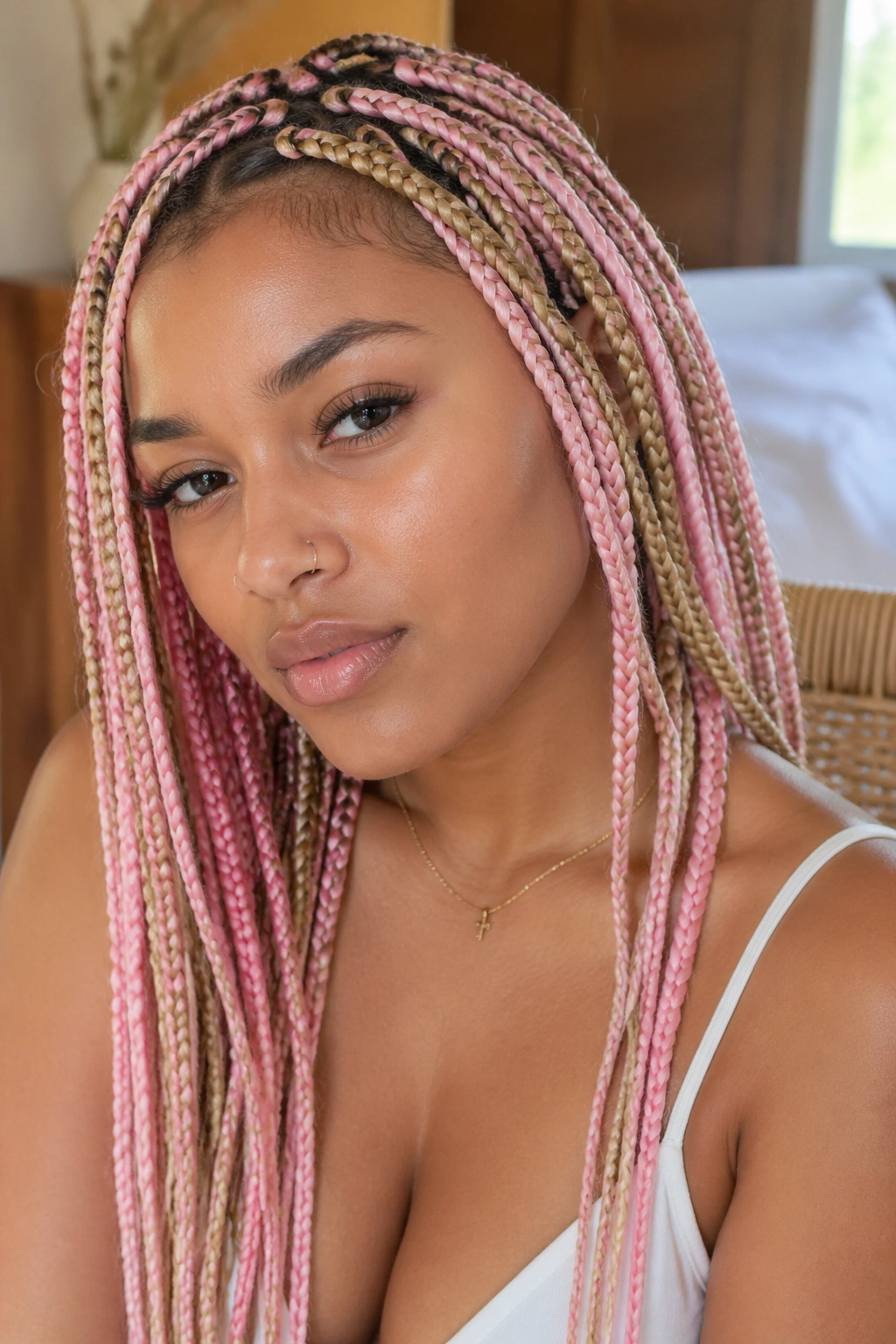 Real woman with pink and blonde mixed box braids.