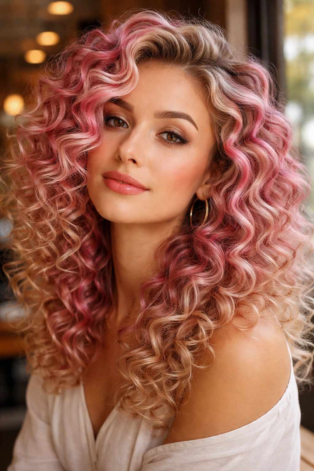 Close-up portrait of a real woman with pink and blonde swirl curls