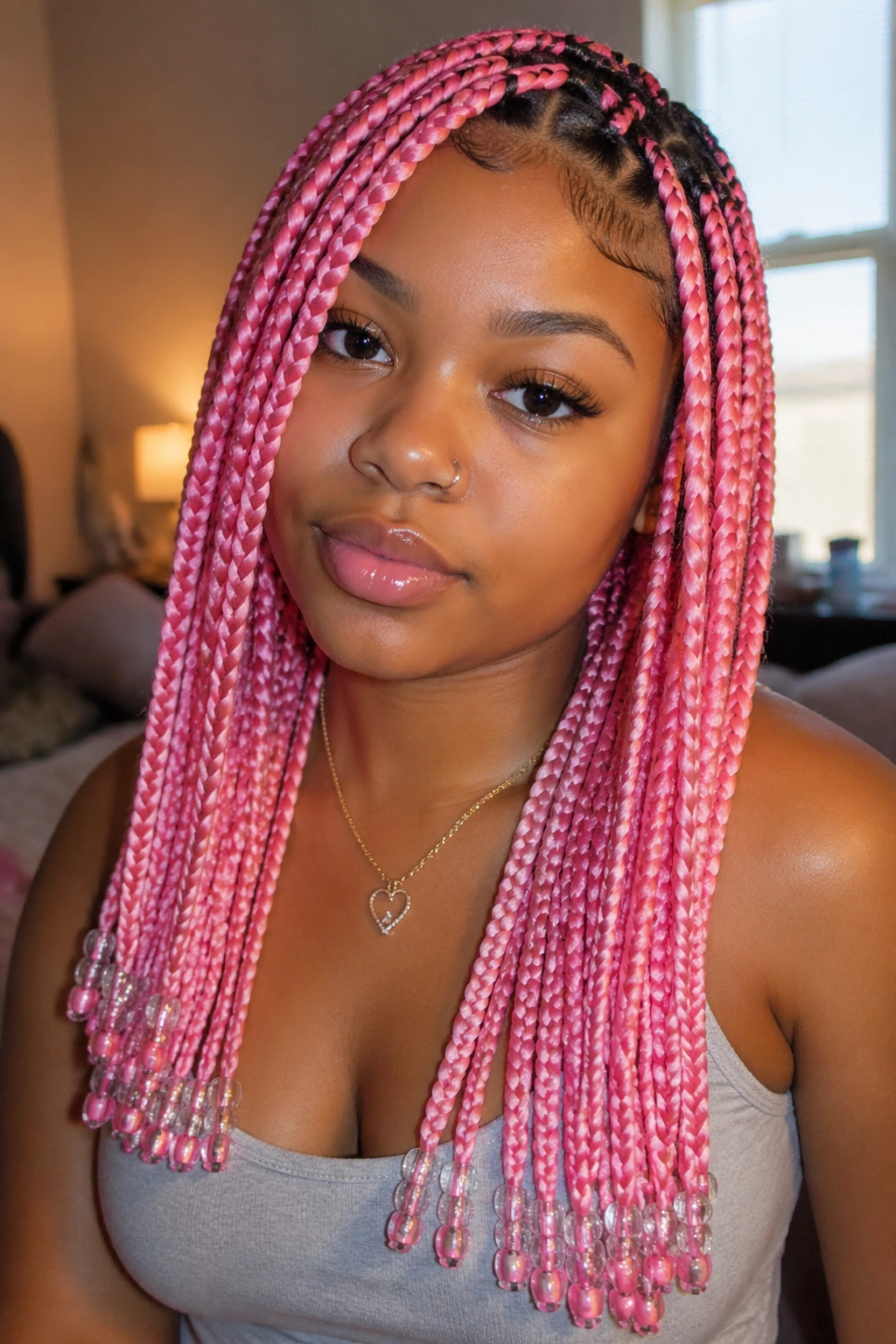Real woman with pink box braids ending in beads, close-up.