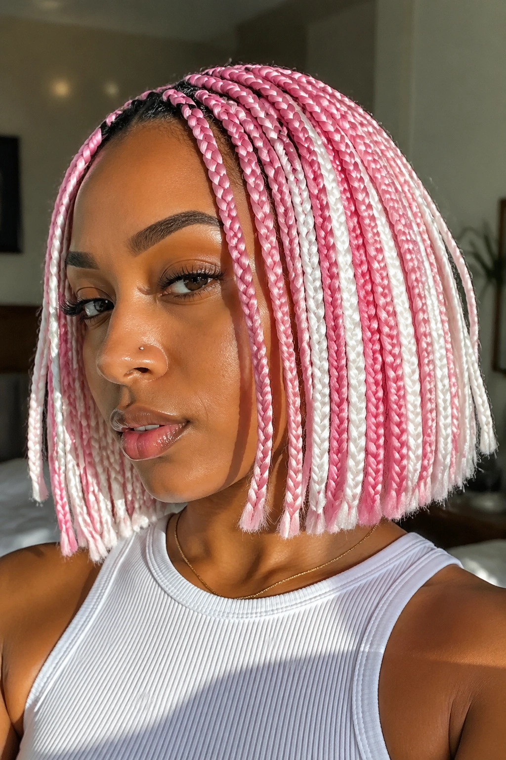 Close-up of a real woman with shoulder-length pink and white box braids and a sharp bob cut.