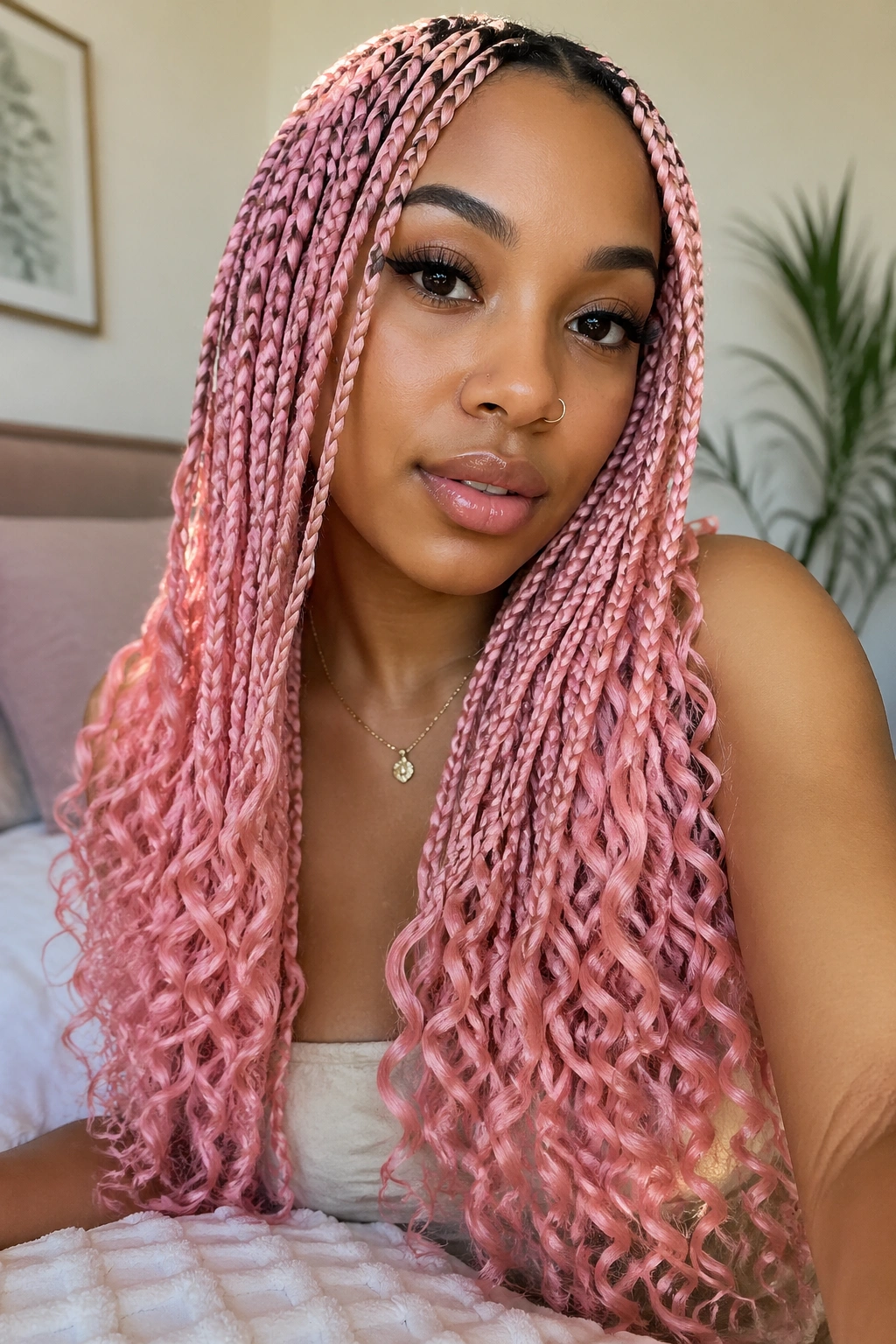 Real woman with pink box braids ending in curly ends, close-up.