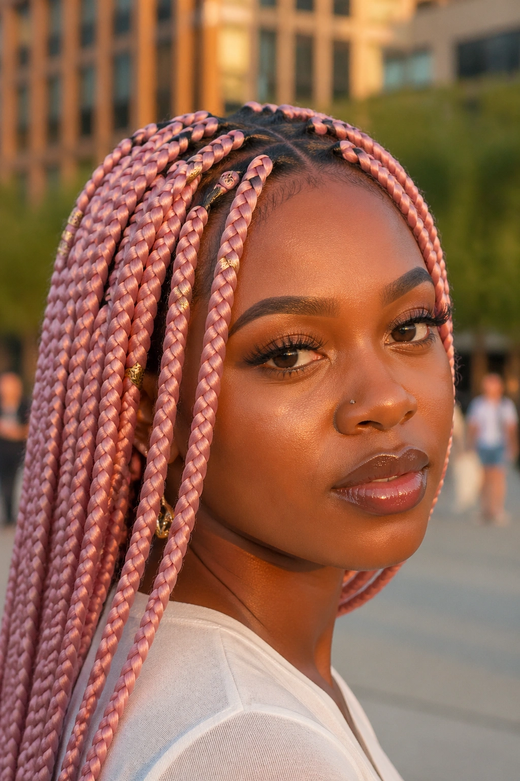 Real person with pink box braids and gold cuffs on the front braids.