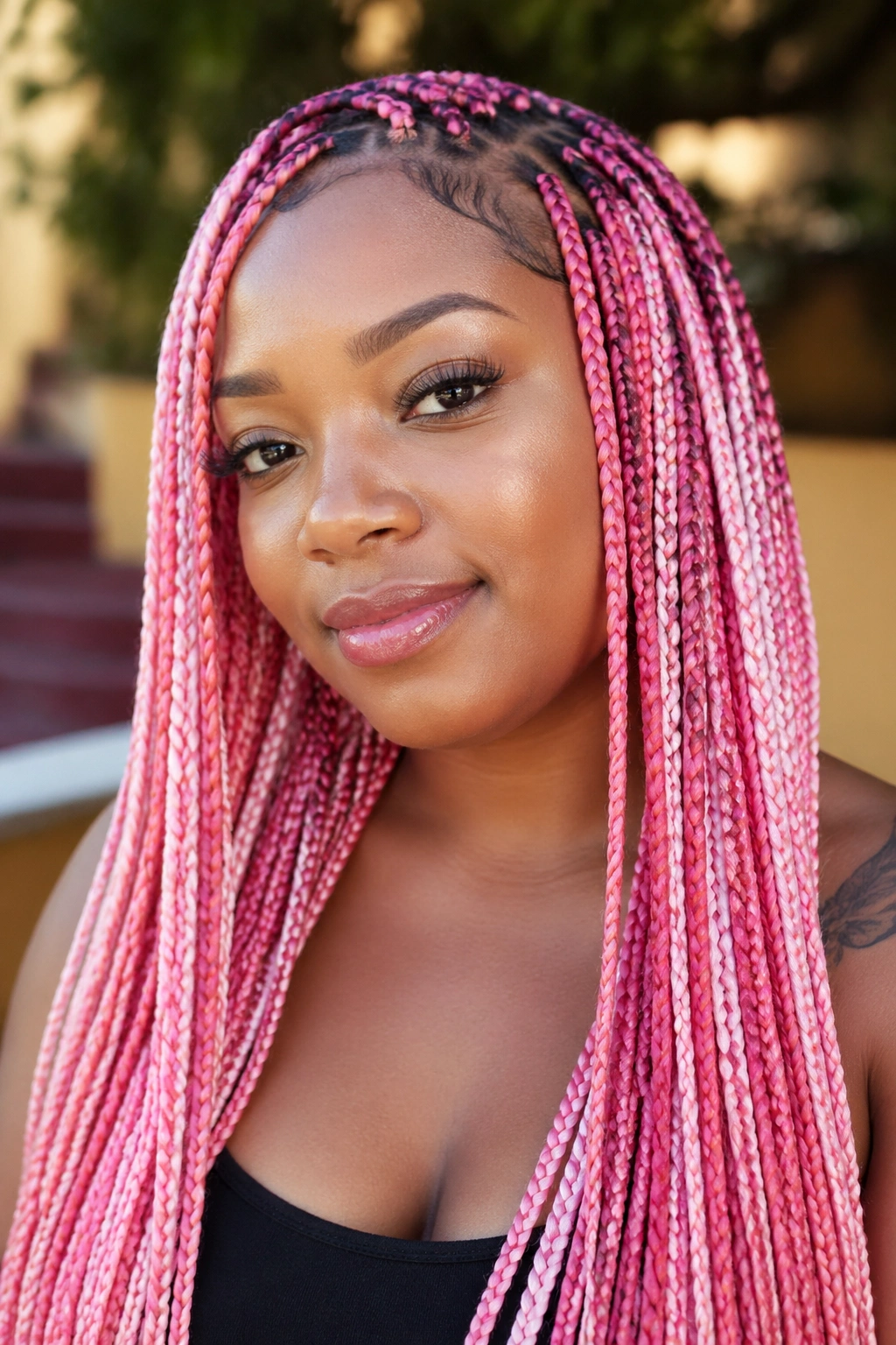 Close-up of a real woman with mixed pink box braids in multiple shades outdoors