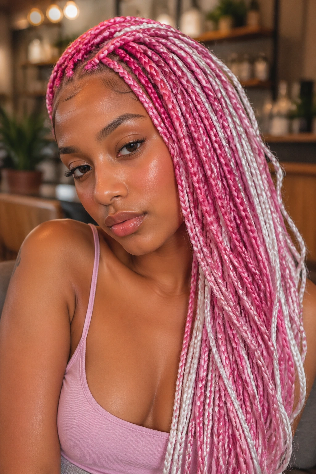 Close-up portrait of a real person with side-swept pink and white box braids