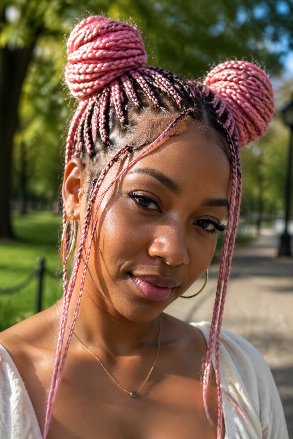 Real person with pink box braids styled into space buns in an outdoor setting.