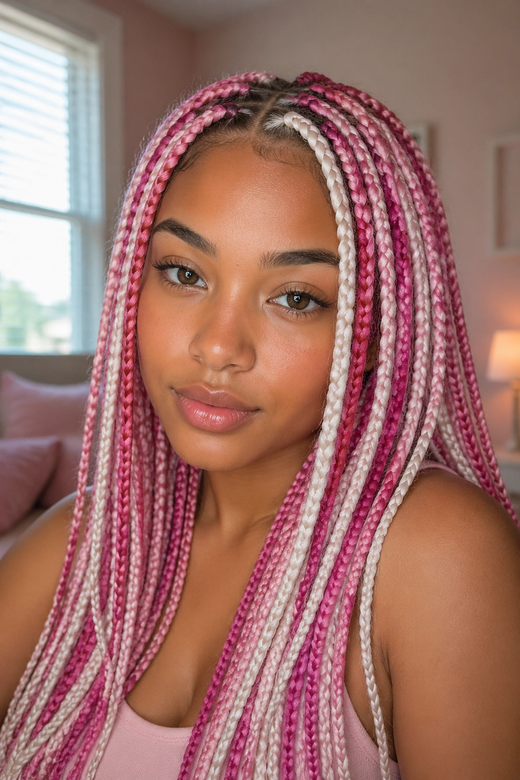 Close-up of a real person showing mixed pink shades with white highlighted box braids